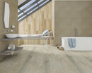 SPC Vinyl Rigid Core 7" Width 60" RL, 6mm Thick, 1.5mm IXPE Mirage Ivory Peninsula Floors - Mazzia Collection Product shoot Wash room view
