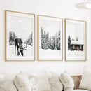 Winter-Themed Triptych with Moose, Log Cabin and Forest
