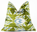 Handmade 16x16 Velvet Throw Pillow – Green, Blue, and White Ikat Pattern with Down Insert for Boho-Chic Deco