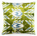 Handmade 16x16 Velvet Throw Pillow – Green, Blue, and White Ikat Pattern with Down Insert for Boho-Chic Deco