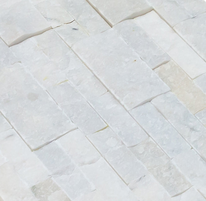 Mugla White Ledger 3D Panel 6x24 Split face Natural Marble Wall Tile angle close-up