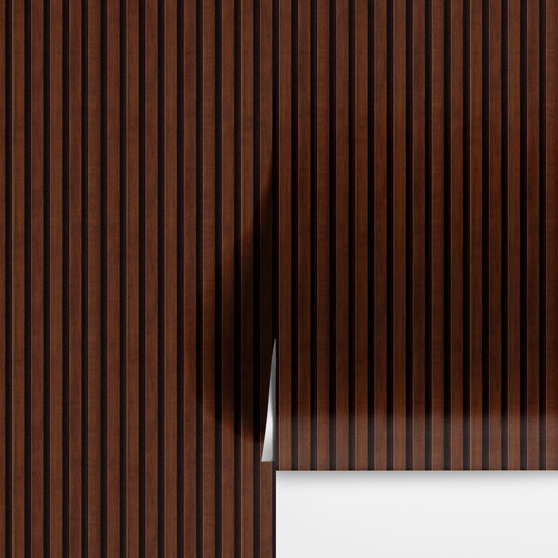 Wooden Vertical Panel Wallpaper. Dark Brown Wainscot Hardwood Wall Mural Print.