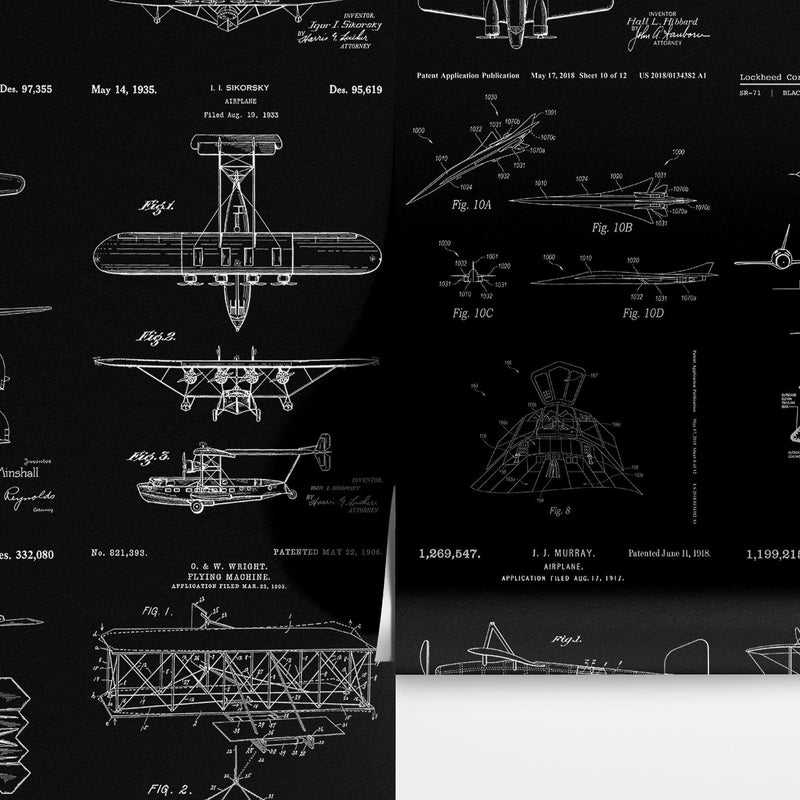 Aviation Wallpaper Mural. Featuring Military Jet and Airplane Patent Designs.