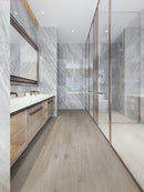 SPC Vinyl Rigid Core 7" Width 60" RL, 6mm Thick, 1.5mm IXPE Mystic Haze Invicta Floors - Mazzia Collection Product shoot Wash room view