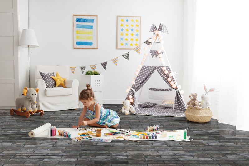 Capella charcoal brick 2 13x10 matte porcelain floor and wall tile NCAPCHABRI2X10 product shot kids playing  view