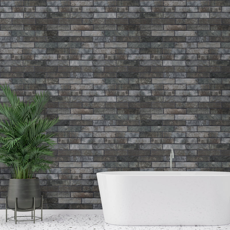 Capella charcoal brick 2 13x10 matte porcelain floor and wall tile NCAPCHABRI2X10 product shot bath view