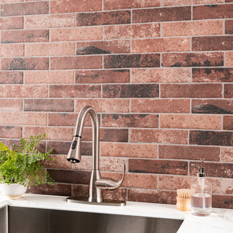 MSI brick collection capella red brick NCAPREDBRI5X10 glazed porcelain floor wall tile product shot multiple bricks dinning sink view 3