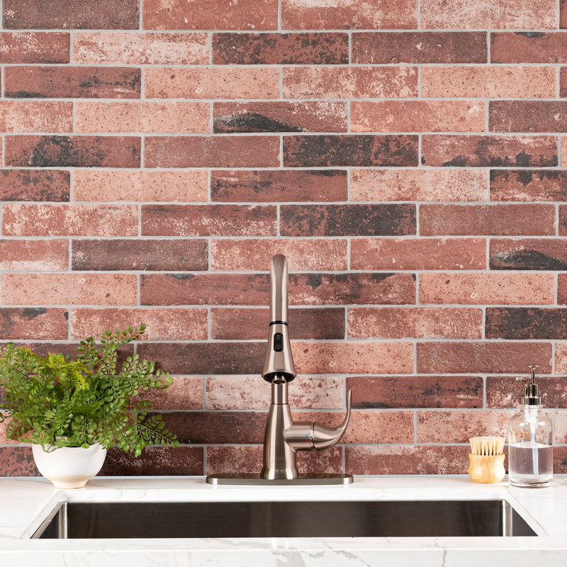 MSI brick collection capella red brick NCAPREDBRI5X10 glazed porcelain floor wall tile product shot multiple bricks sink view 2