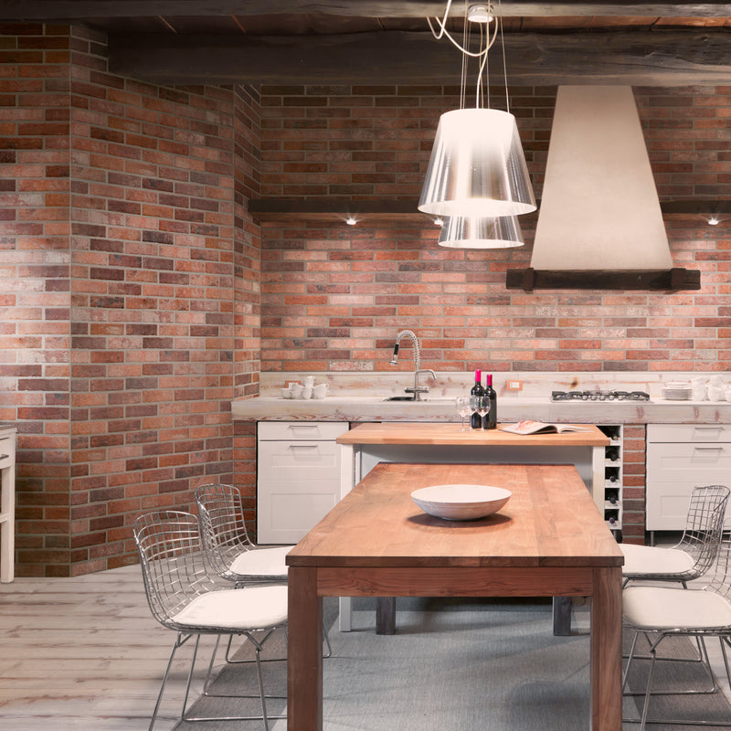 MSI brick collection capella red brick NCAPREDBRI5X10 glazed porcelain floor wall tile product shot multiple bricks dinning table view