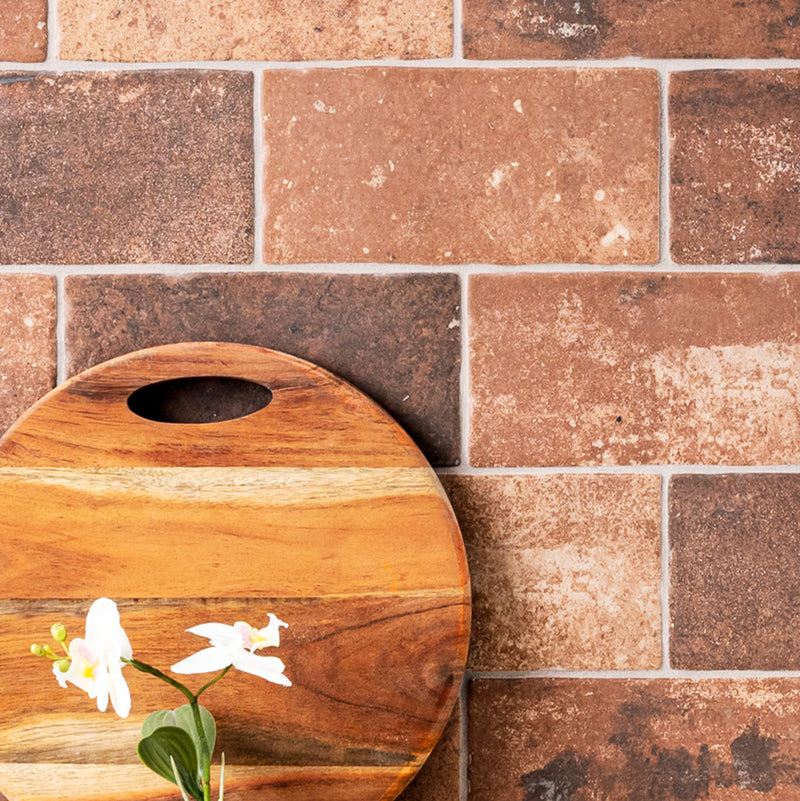 MSI brick collection capella red brick NCAPREDBRI5X10 glazed porcelain floor wall tile product shot multiple bricks kitchen view 2