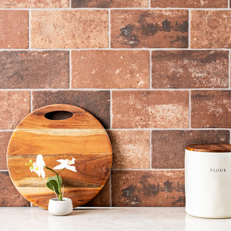 MSI brick collection capella red brick NCAPREDBRI5X10 glazed porcelain floor wall tile product shot multiple bricks kitchen view