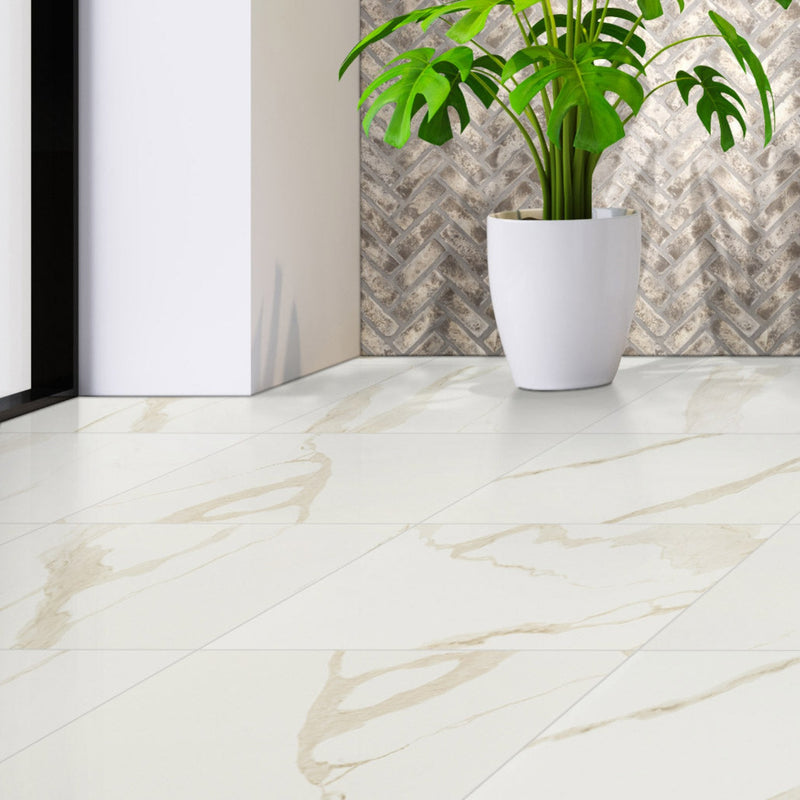 Eden Calacatta 24"x24" Matte Porcelain Floor And Wall Tile - MSI Collection product shot floor with plant pot view