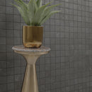 A potted succulent in a brushed gold metallic pot with a marble-topped side table and a dark gray tiled wall background.