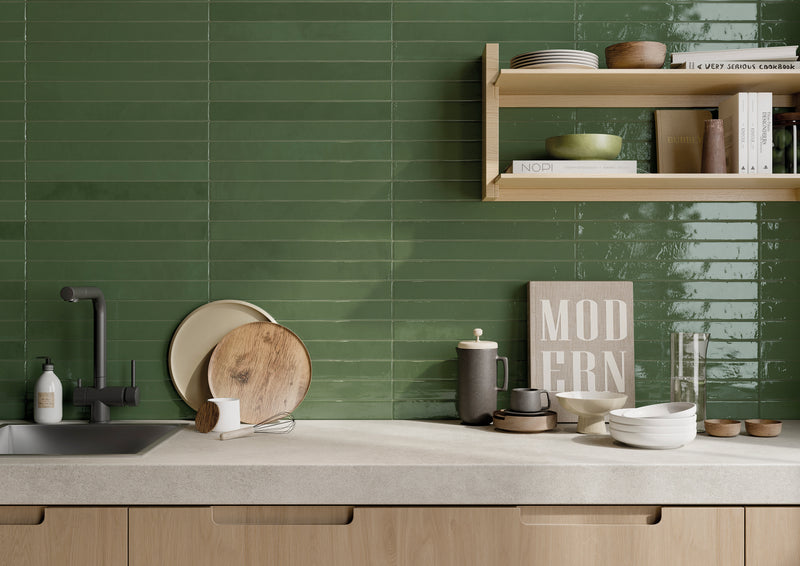 Flamenco 2"x18" Racing Green Brick Look Glossy Porcelain Wall Tile - MSI Collection kitchen view