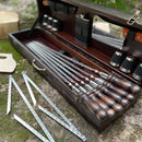 WITH DAMAGE. "Wild Pig" BBQ Tools Skewers Set  for Outdoor Cooking In a Wooden Case , 17 items.