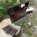 WITH DAMAGE. "Wild Pig" BBQ Tools Skewers Set  for Outdoor Cooking In a Wooden Case , 17 items.