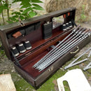 WITH DAMAGE. "Wild Pig" BBQ Tools Skewers Set  for Outdoor Cooking In a Wooden Case , 17 items.