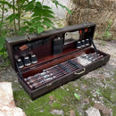 WITH DAMAGE. "Wild Pig" BBQ Tools Skewers Set  for Outdoor Cooking In a Wooden Case , 17 items.