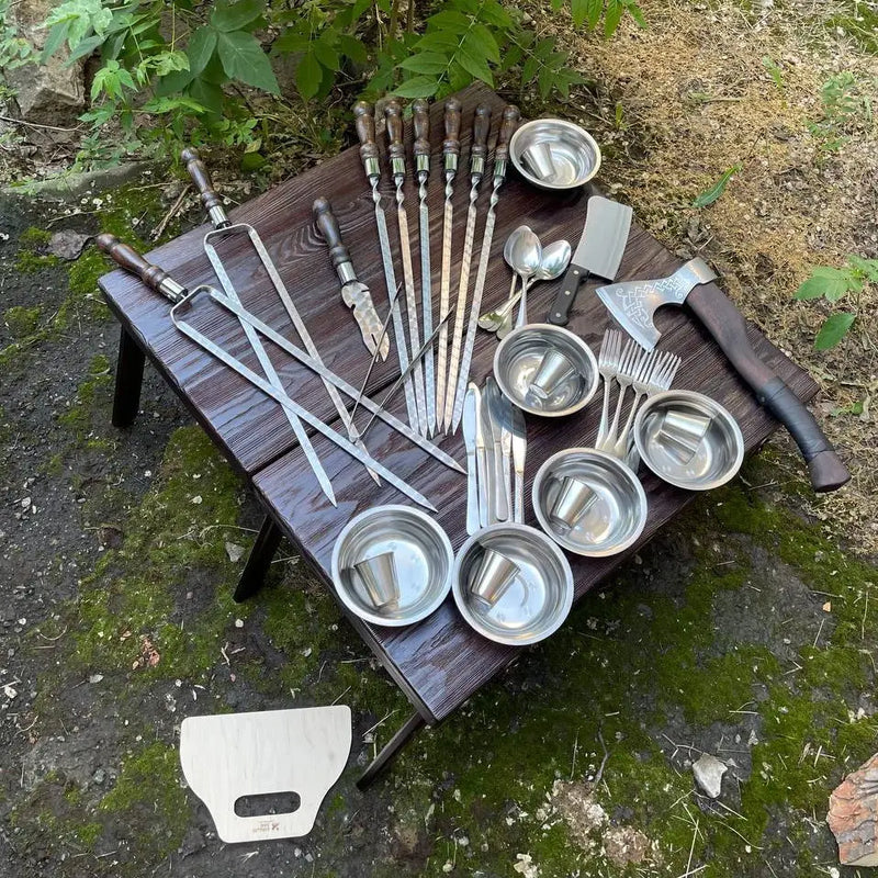 "Auroch" Camping Accessories BBQ Skewers Set  in a Wooden Case - Table, 44 items