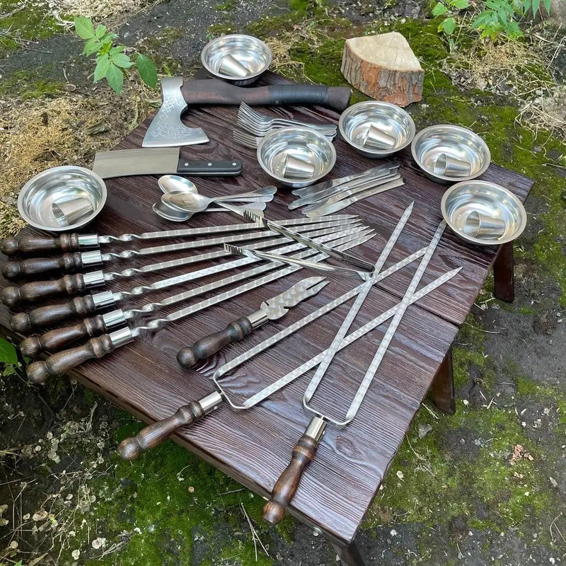 "Auroch" Camping Accessories BBQ Skewers Set  in a Wooden Case - Table, 44 items