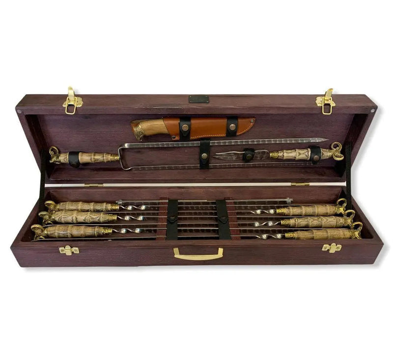 "Argali" Grilling Accessories BBQ Skewers Set in a Wooden Case, 11 items