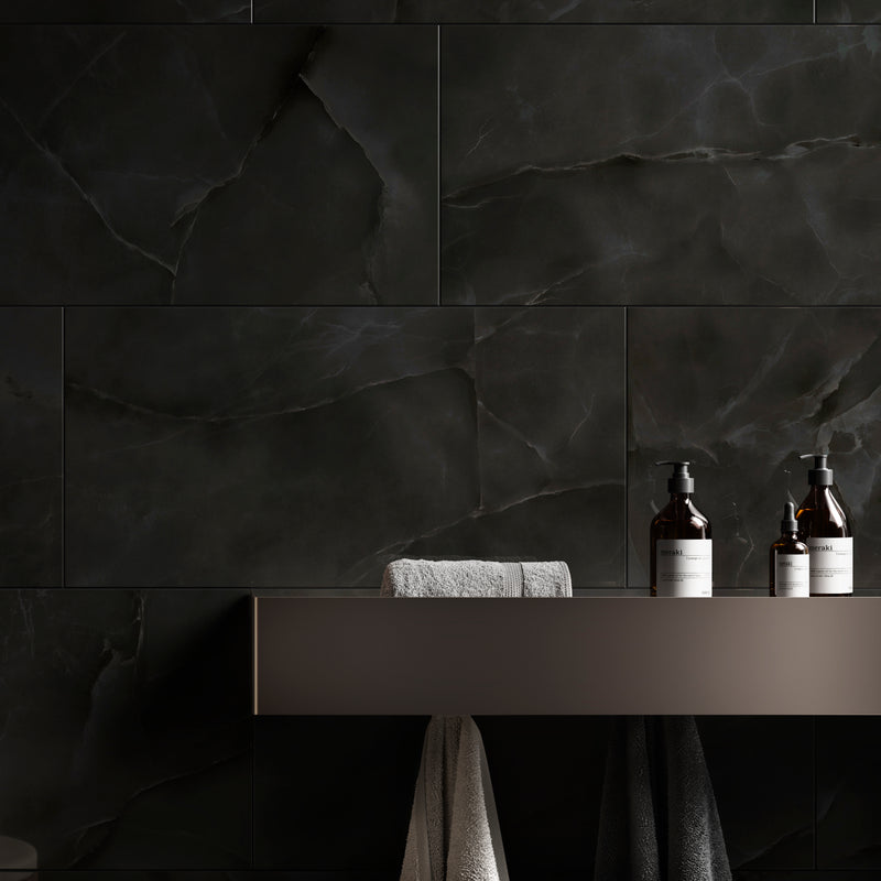 Regallo Midnight Agate Polished Marble Look Porcelain Floor & wall Tile - MSI Collection bathroom view