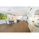 Modern open-plan kitchen and dining area with wooden flooring and white walls. NS-19VH