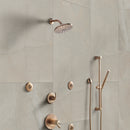 Bronze shower system mounted on a tiled wall