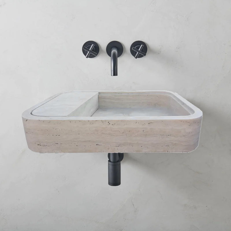 Beige Travertine Rectangular Wall-mount Bathroom Sink Hidden Drain (W)16" (L)24" (H)5" bathroom view with black faucet