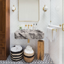 New York Marble Wall-mount Bathroom Sink Ribbed Textured (W)14" (W)24" (H)6" installed bathroom ceramic sisal bags and baskets underneath the sink