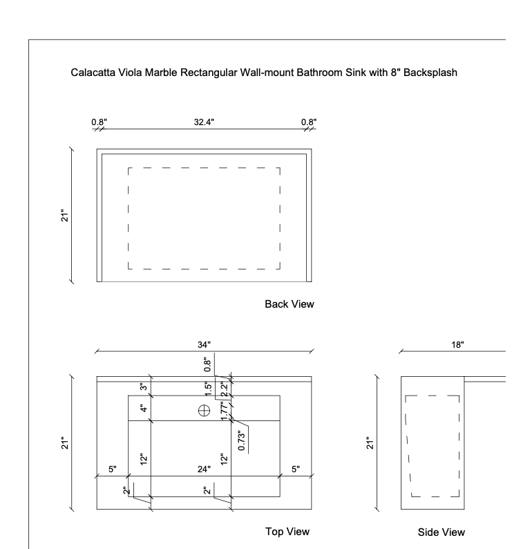 Calacatta Viola Marble Rectangular Wall-mount Bathroom Sink with 8" Backsplash (W)21" (L)34" (H)10" front view technical drawing 3 view