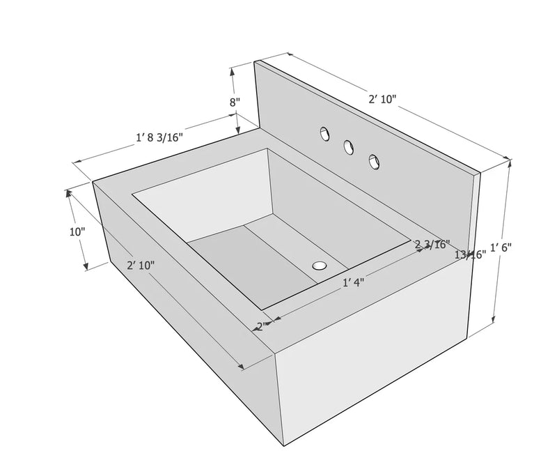 Calacatta Viola Marble Rectangular Wall-mount Bathroom Sink with 8" Backsplash (W)21" (L)34" (H)10" model drawing