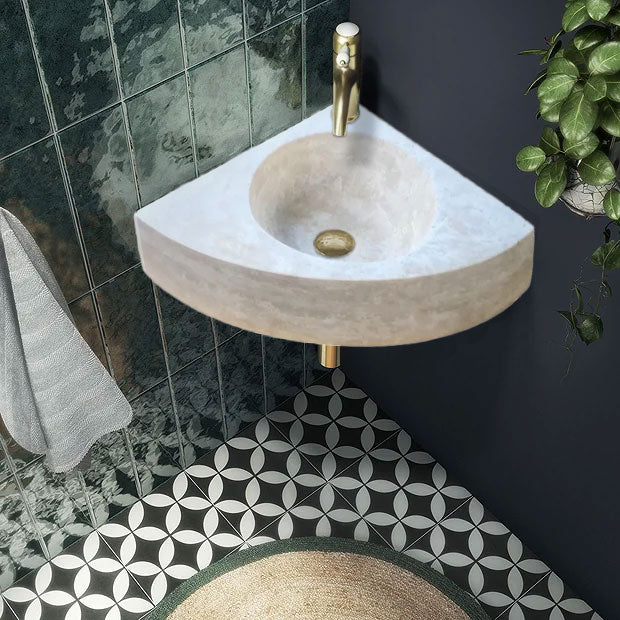Troia Light Travertine Wall-mount Bathroom Corner Vanity Sink (W)16" (L)16" (H)4" bathroom view