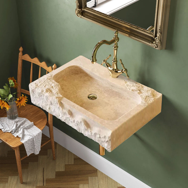 Beige Travertine Rectangular Wall-mount Bathroom Sink Rustic (W)16" (L)24" (H)5" bathroom view green wall wooden chair next to it. Gold faucet and mirror