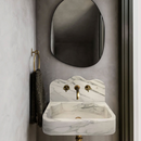 Calacatta White Marble Wall-Mount Bathroom Sink with Arabesque Backsplash (W)16" (L)24" (H)5" bathroom view brass faucet and drain set