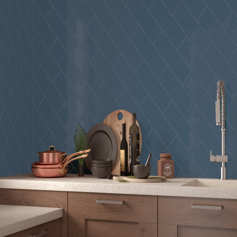 Urbano Navy Bullnose 4"x12" Glossy Ceramic Wall Tile - MSI Collection product shot kitchen view