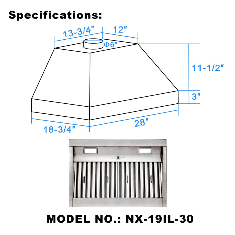 30 Inch Range Hood Insert, Ultra Quiet Stainless Steel 6" Ducted Insert/Built-in Kitchen Vent Hood with 600 CFM Powerful Suction, Dimmable LED Lights and Dishwasher Safe Filters, 3-Speed