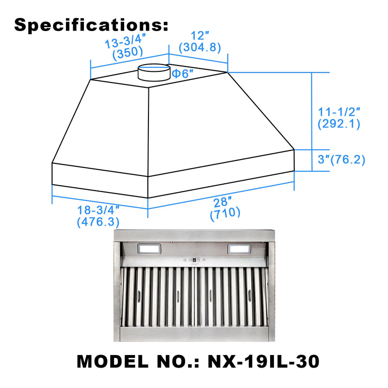 30 Inch Range Hood Insert, Ultra Quiet Stainless Steel 6" Ducted Insert/Built-in Kitchen Vent Hood with 600 CFM Powerful Suction, Dimmable LED Lights and Dishwasher Safe Filters, 3-Speed