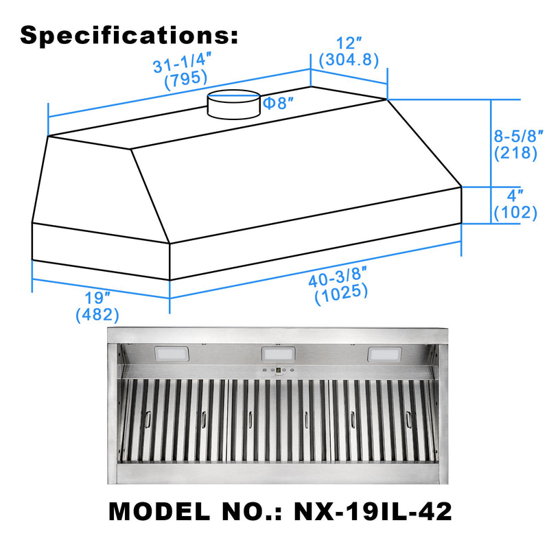 Range Hood Insert 42 Inch, 1200 CFM Built-in Kitchen Hood with 4 Speeds, Ultra-Quiet Stainless Steel Ducted Vent Hood Insert with Dimmable LED Lights and Dishwasher Safe Filter