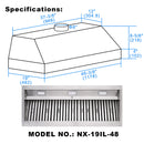 48" Range Hood Insert, Ultra Quiet Stainless Steel 8" Ducted with 1200 CFM Powerful Suction-NX-19IL-48