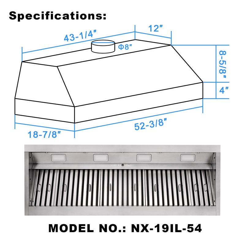 Range Hood Insert 54 Inch, 1200 CFM Built-in Kitchen Hood with 4 Speeds, Ultra-Quiet Stainless Steel Ducted Vent Hood Insert with Dimmable LED Lights and Dishwasher Safe Filter