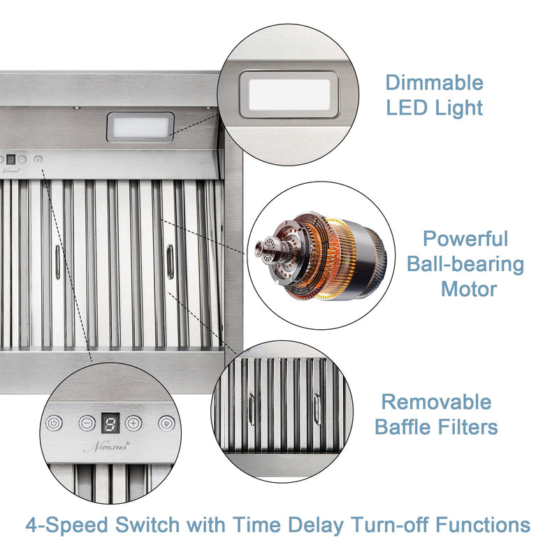 Range Hood Insert 54 Inch, 1200 CFM Built-in Kitchen Hood with 4 Speeds, Ultra-Quiet Stainless Steel Ducted Vent Hood Insert with Dimmable LED Lights and Dishwasher Safe Filter