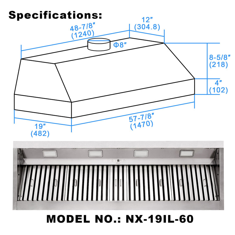 Range Hood Insert 60 Inch, 1200 CFM Built-in Kitchen Hood with 4 Speeds, Ultra-Quiet Stainless Steel Ducted Vent Hood Insert with Dimmable LED Lights and Dishwasher Safe Filter