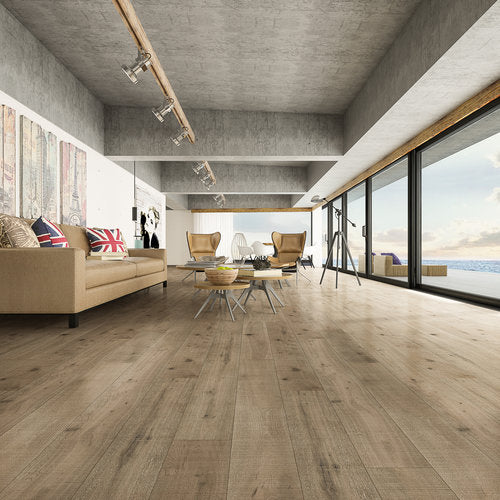 Engineered Hardwood European Oak 9" Wide, 73.23" RL, 5/8" Thick Wirebrushed Audere Native Birch - Mazzia Collection office view