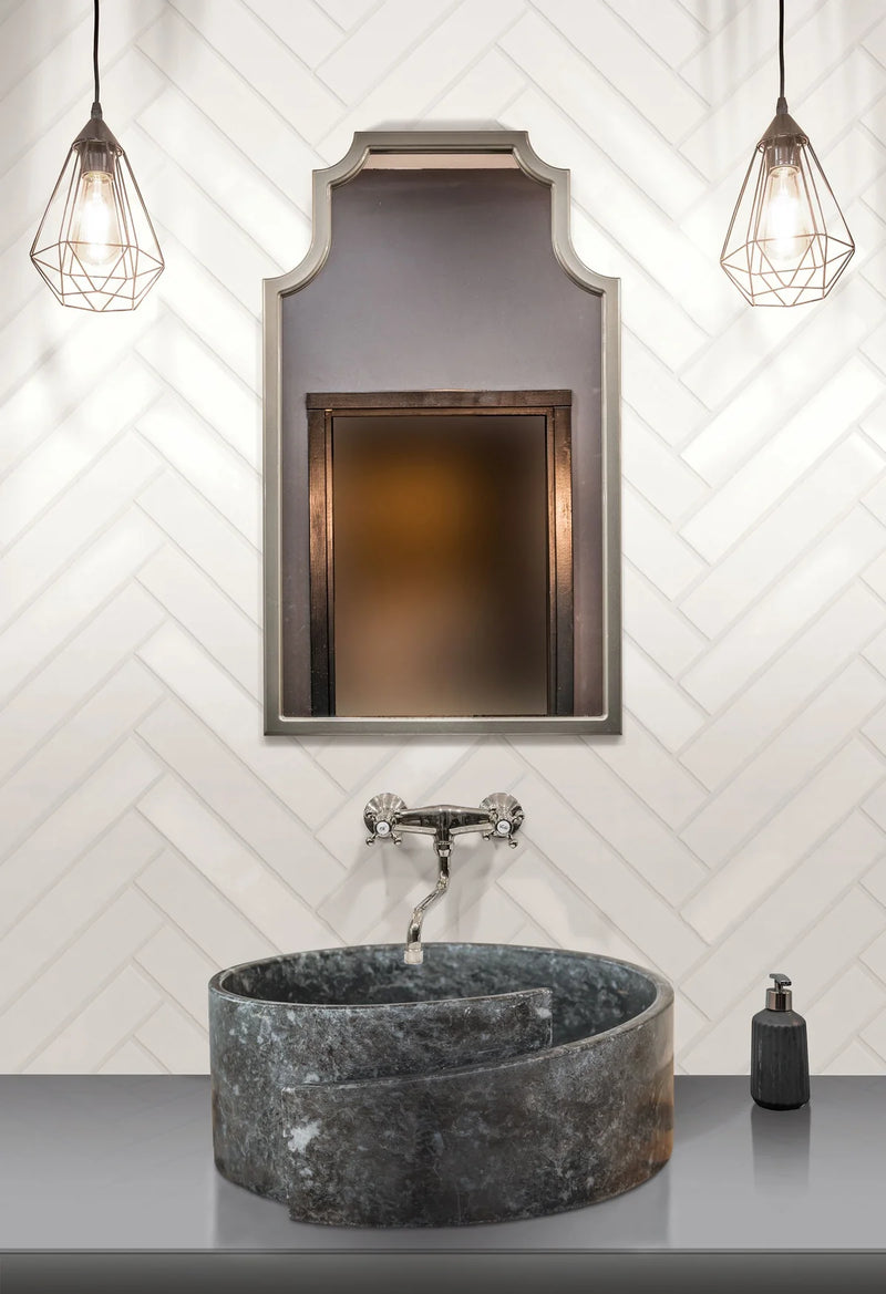 Natural Stone Black Marble Design Above Vanity Bathroom Sink Polished (D)16" (H)6" bathroom view herringbone shape ceramic wall tiles modern mirror and wall hung sconces