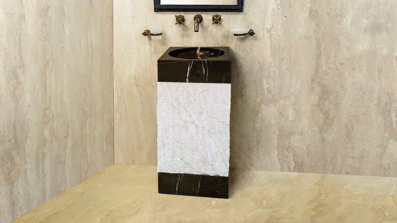 marble pedestal sink toros black carrara white NTRVS28 L16 W16 H36 bathroom wide view