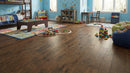 Children's playroom with wooden flooring, toys, and furniture.