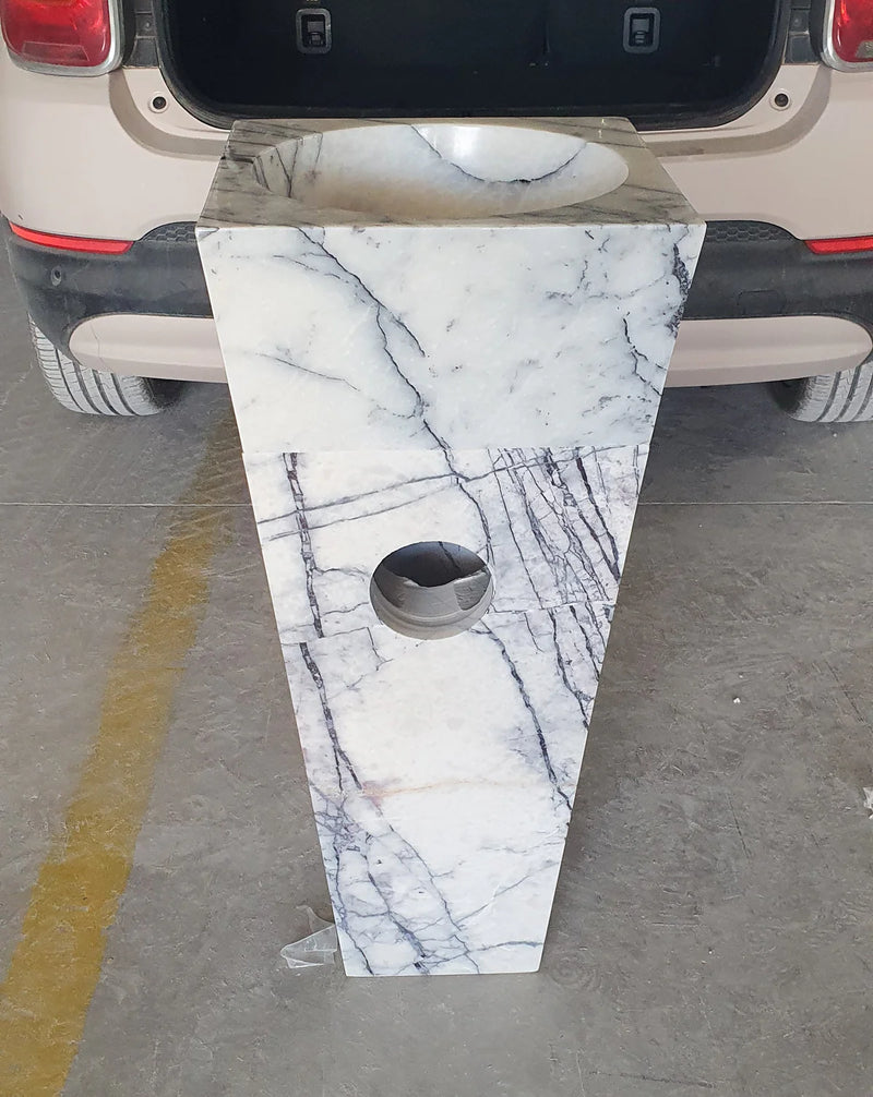 Natural Stone New York White Marble Stand-alone Pedestal Cone Shaped Bathroom Sink back view