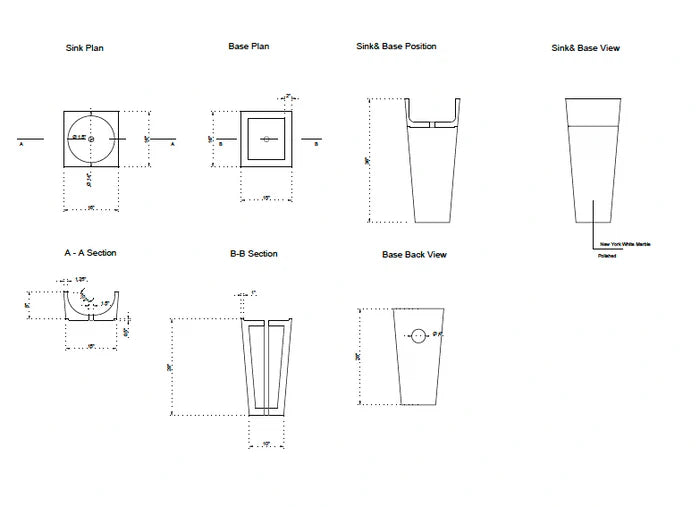 Natural Stone New York White Marble Stand-alone Pedestal Cone Shaped Bathroom Sink technical drawing