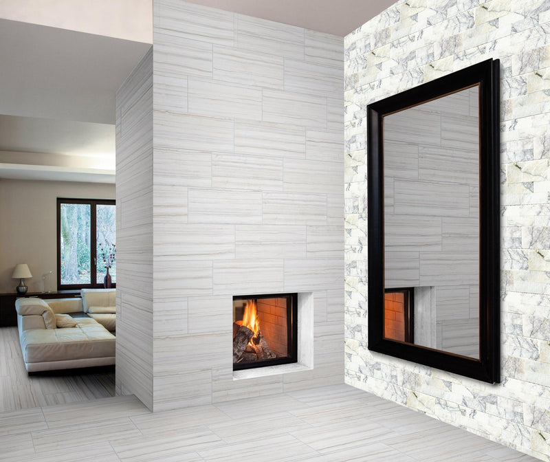 New York Ledger 3D Panel 6"x24" Natural Marble Wall Tile - Full Truckload installed modern house wall interior big rectangular black framed mirror small fireplace on the other wall